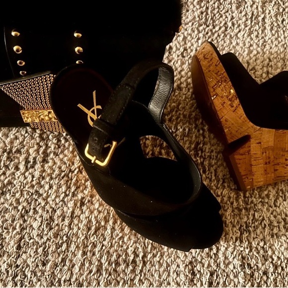 Yves Saint Laurent Black and Brown Wedge Sandals - Picture 1 of 5